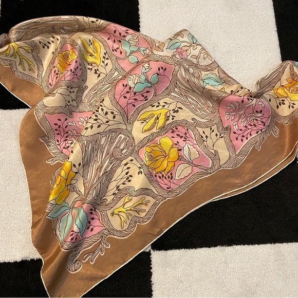 Silky Square Scarf with Yellow Roses & Twiggy Floral Vine Pattern - Picture 3 of 11